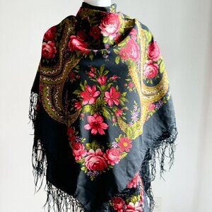 Vintage Ukrainian Floral Wool Linen Silk Blend Piano Shawl